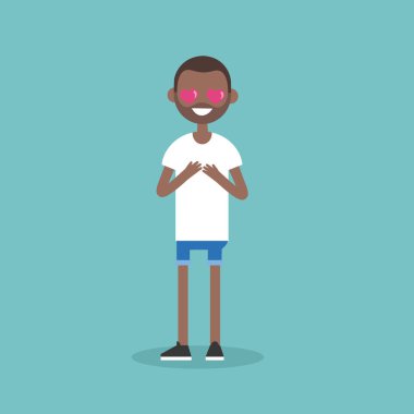 Cute cartoon black boy with heart-shaped eyes falling in love / 