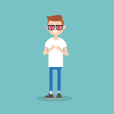 Sevimli çizgi inek çocuk kalp şeklinde gözleri falling ın love / E