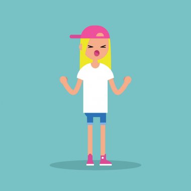 Genç sıkışık yumruk ile öfkeli kız bağırıyor / düz düzenlenebilir 