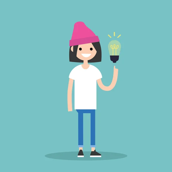 Concepto de Idea. Un momento. Joven chica sonriente está señalando un dedo — Vector de stock