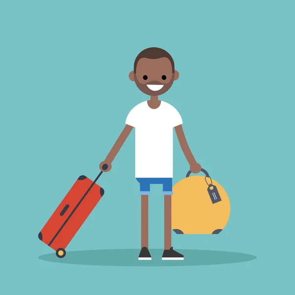 Joven hombre negro viajando con su equipaje / plano editable vect — Vector de stock