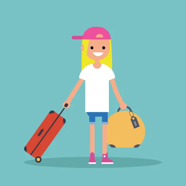 Νέα κοπέλα έφηβων, ταξιδεύοντας με τις αποσκευές / επίπεδη επεξεργάσιμο v — Διανυσματικό Αρχείο