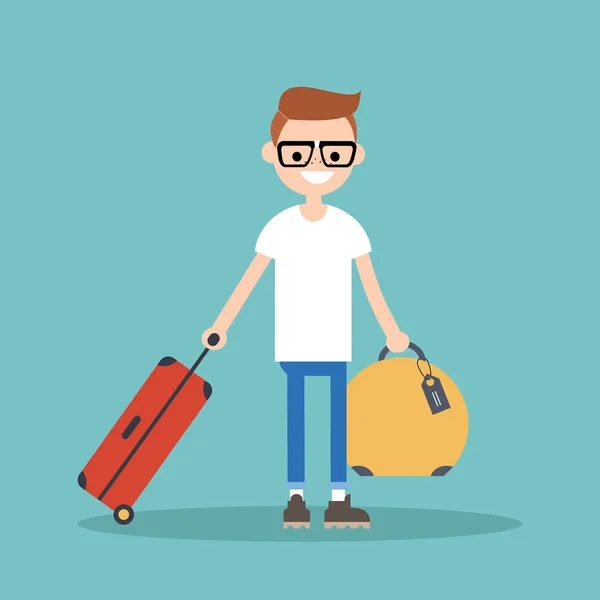 Νέοι nerd που ταξιδεύουν με αποσκευές του / επίπεδη επεξεργάσιμο διανυσματικά il — Διανυσματικό Αρχείο
