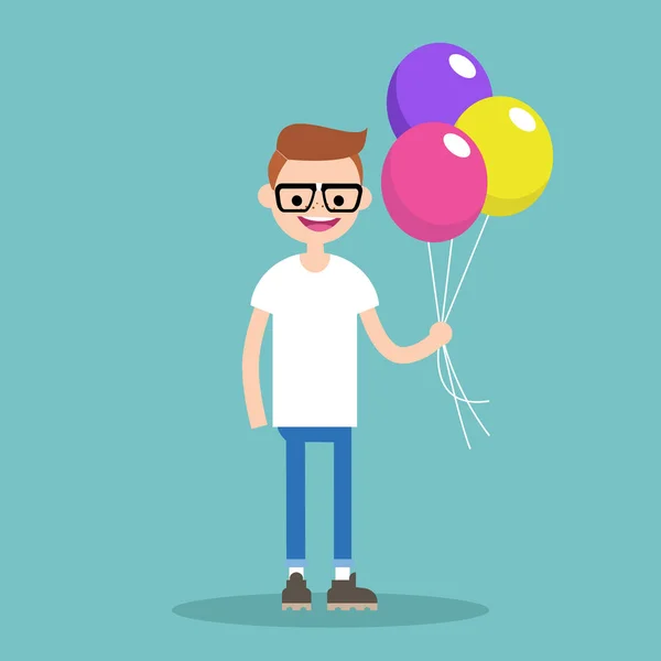 Unga nerd håller ett gäng färgglada ballonger / / redigerbara fla — Stock vektor