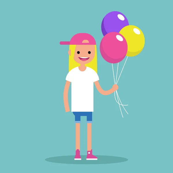 Young blond girl holding a bunch of colourful balloons / / editab — стоковый вектор