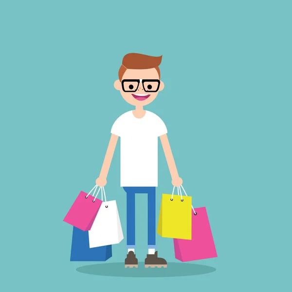 Joven nerd sosteniendo bolsas de compras / plana editable vector illustra — Vector de stock