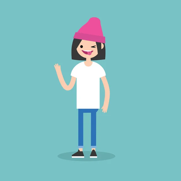 Winking girl sticking out tongue. Emotional cartoon character / — Stockvector