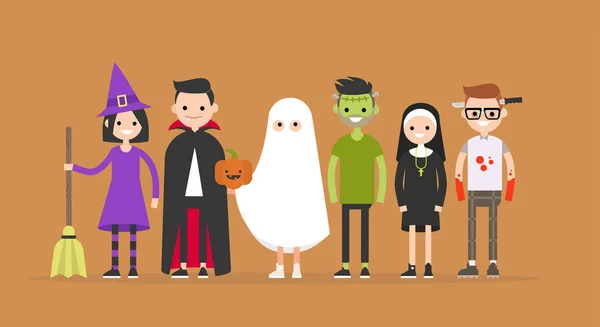 Conjunto de personajes de Halloween: bruja, Drácula, fantasma, Frankenstein, monja, maníaco — Vector de stock