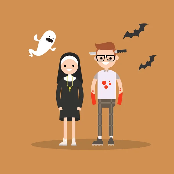 Halloween truco o trato conjunto: los personajes están usando festivos cos — Vector de stock