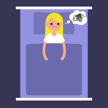 Insomnia conceptual illustration. young blond girl lying in the  clipart
