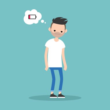 düşük pil kavramsal çizimi. Genç sakallı adam bitkin