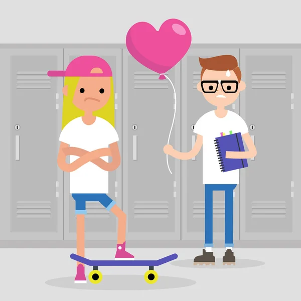 Saint Valentines Day. First date concept. Friend zone. Young nerd boy feeling anxious before a date with a blonde girl — Stock Vector
