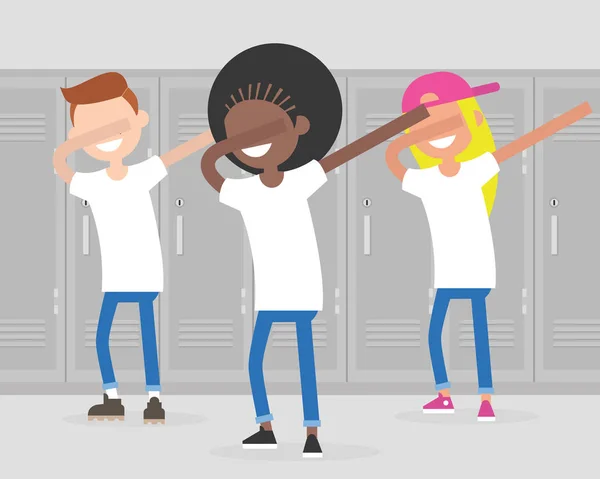 Mnohonárodnostní skupiny Teenageři tančí tanec dab ve škole — Stockový vektor