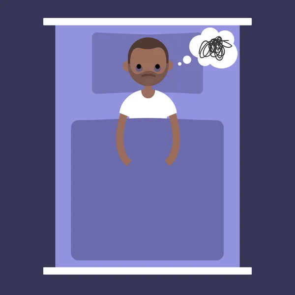Sömnlöshet konceptuell illustration. ung svart man liggande i b — Stock vektor