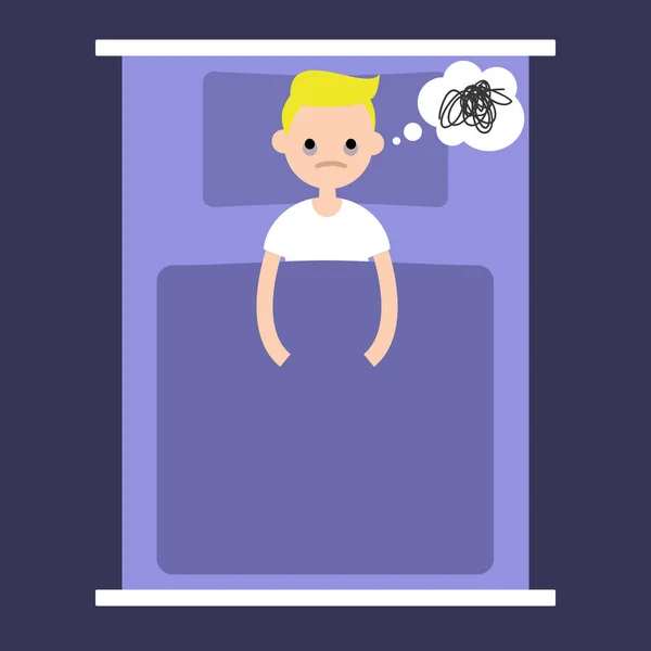 Insomnia conceptual illustration. young blonde boy lying in the — Stock Vector