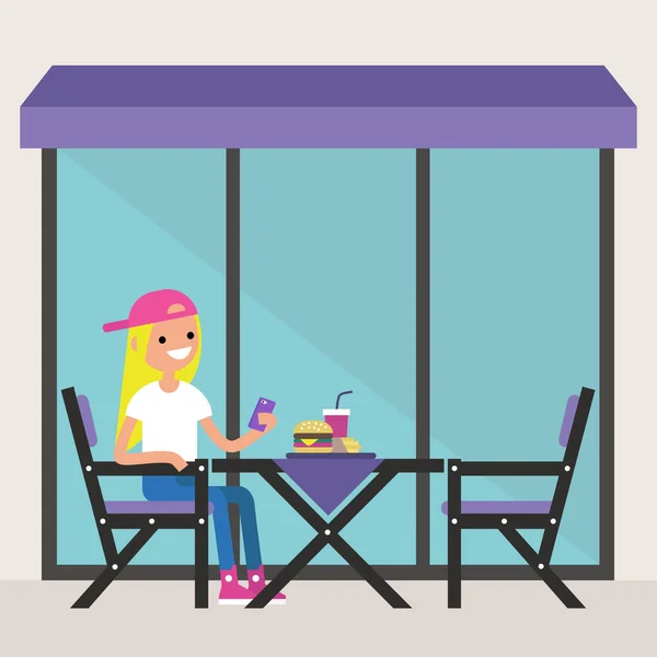 Joven chica rubia sentada en la terraza del restaurante bajo la ley — Vector de stock