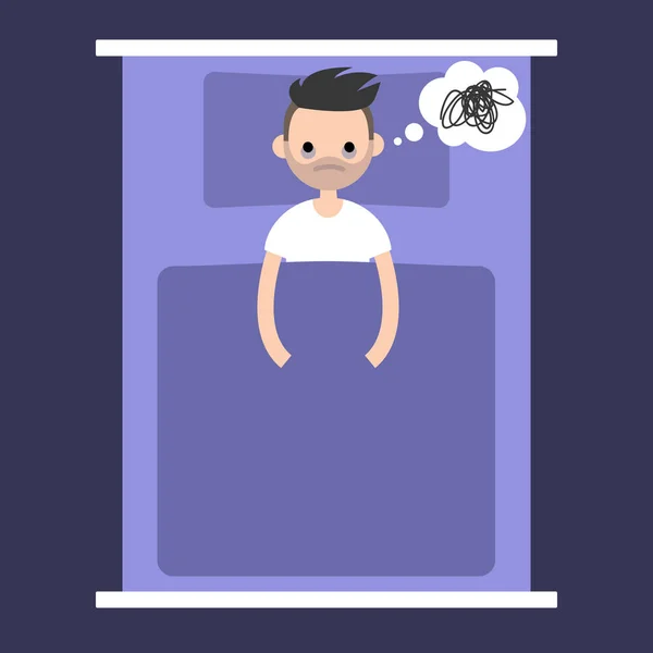 Insomnia conceptual illustration. young bearded man lying in the — Stock Vector