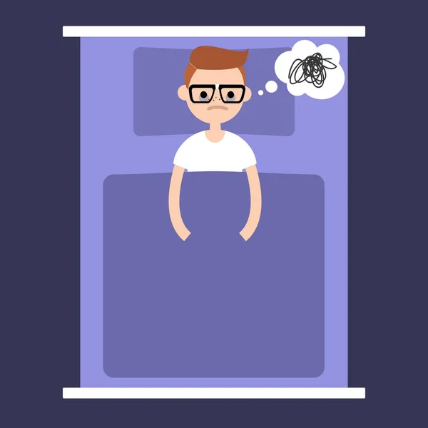 Insomnia conceptual illustration. young nerd lying in the bed wi — Stock Vector