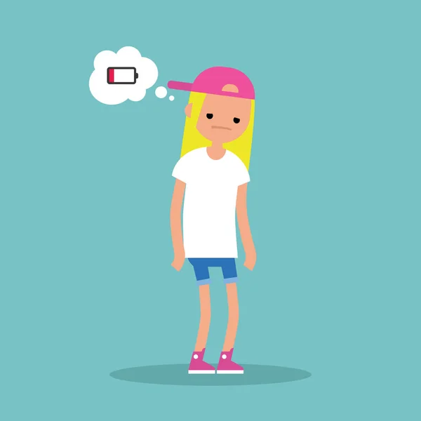 Low battery conceptual illustration. young exhausted blond girl — Stock vektor
