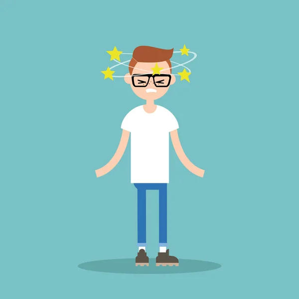 Dizziness conceptual illustration. Young nerd with stars spinnin — Stock Vector