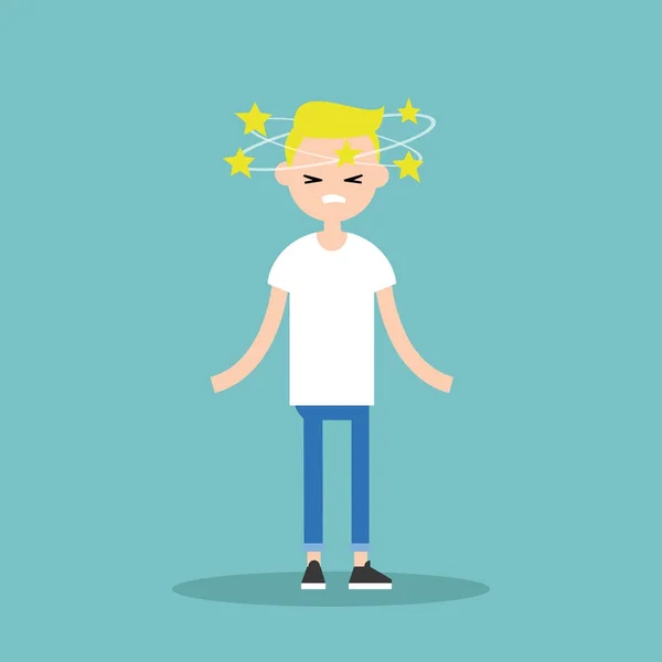 Dizziness conceptual illustration. Young blond character with st — Stock Vector