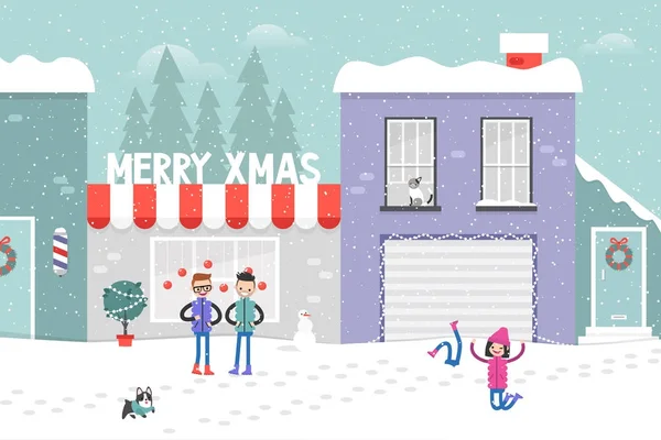 Joyeux Noël, illustration vectorielle plate. Les gens et leurs animaux domestiques — Image vectorielle