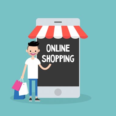 Mobil online alışveriş kavramı. Genç neşeli sakallı adam stand