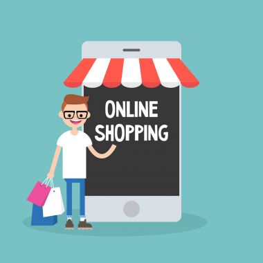 Mobil online alışveriş kavramı: genç neşeli inek ayakta zekâ