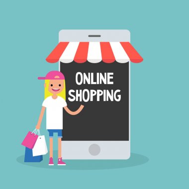 Mobil online alışveriş kavramı. Genç neşeli sarışın kız standi
