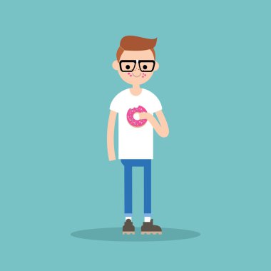 Çilekli donut çiğneme genç nerd / düz düzenlenebilir vektör hasta