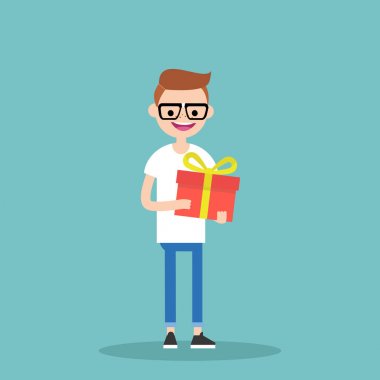 Bir parlak hediye kutusu tutan genç mutlu inek / düzenlenebilir vektör araba