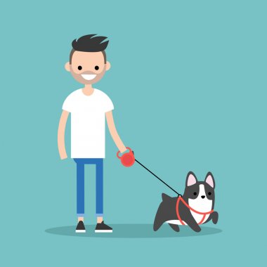 Köpek / düz düzenlenebilir vektör yürüyen adam gülümseyen genç sakallı