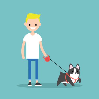 Sarışın çocuğun köpek / düz düzenlenebilir gülümseyen genç ben vektör