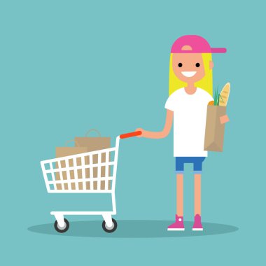 Bakkal alışveriş kavramı: genç müşteri ile bir arabası ayakta