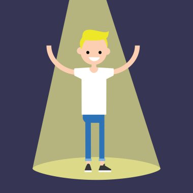 Genç başarılı sarışın çocuk sahne ışıkları altında duran / düz Düzenle