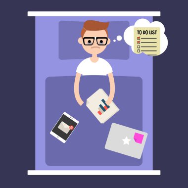 Modern kabus kavramsal çizimi. Uykusuzluk. Genç nerd l