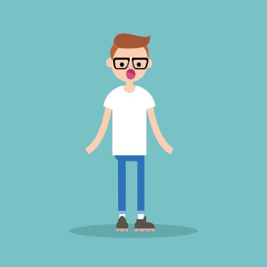 Sürpriz genç nerd ayakta açık ağızlı / düz düzenlenebilir ve