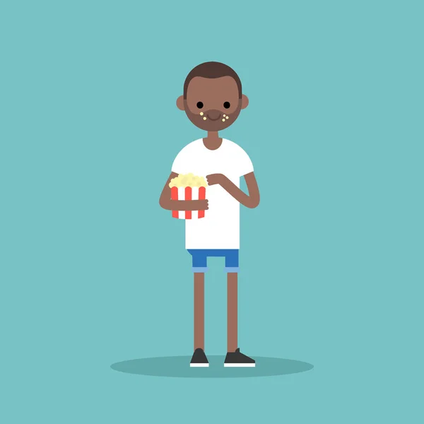 Молодий чорний чоловік жує попкорн / повнометражний персонаж. плоский ве — стоковий вектор