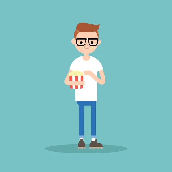 Young funny nerd chewing popcorn / full length character. flat v — Stock Vector