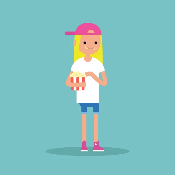 Jeune fille blonde mâcher popcorn / personnage pleine longueur. appartement v — Image vectorielle