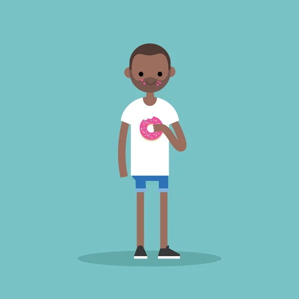 Молодий чорний чоловік жує полуничний пончик / плоский редагований вектор — стоковий вектор