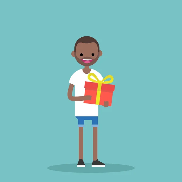 Νέοι ευτυχισμένη μαύρο άνθρωπος που κρατά ένα φωτεινό δώρο πλαίσιο / επεξεργάσιμο vecto — Διανυσματικό Αρχείο