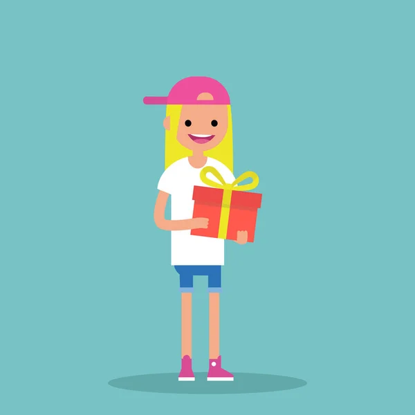 Jeune fille blonde heureuse tenant une boîte-cadeau lumineuse / vect modifiable — Image vectorielle