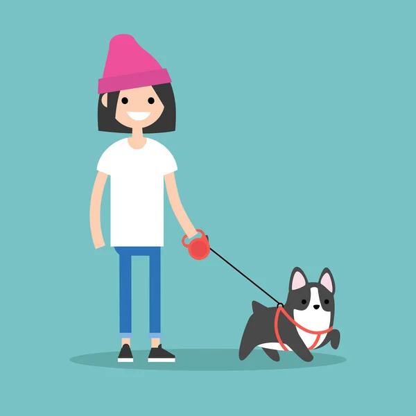 Joven chica sonriente paseando el perro / plana editable vector illust — Vector de stock