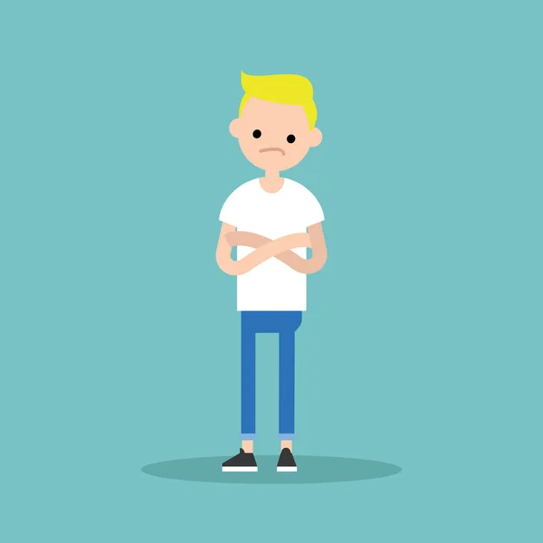 Young sceptical blonde boy crossing arms and tilting head / flat — Stock Vector