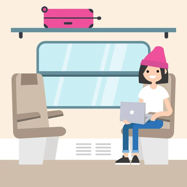 Jovem passageiro sentado no compartimento do comboio / apartamento editável —  Vetores de Stock