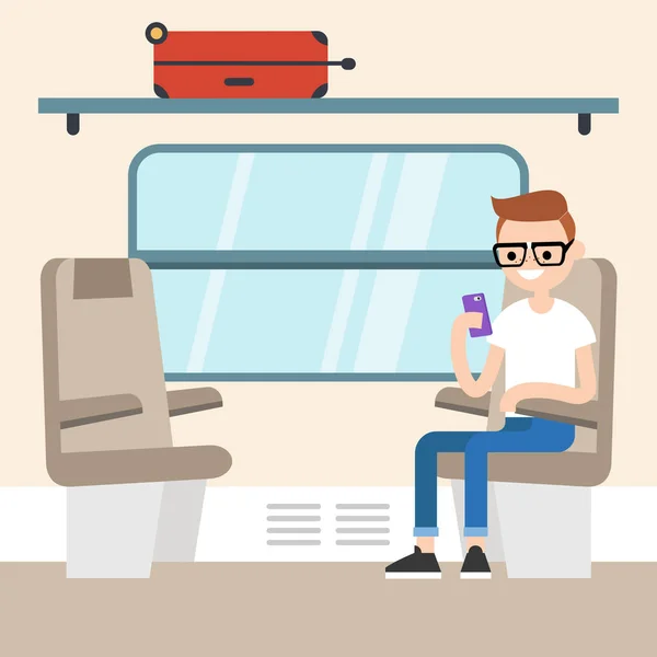 Молодой пассажир, сидящий в купе поезда / съедобной квартире — стоковый вектор