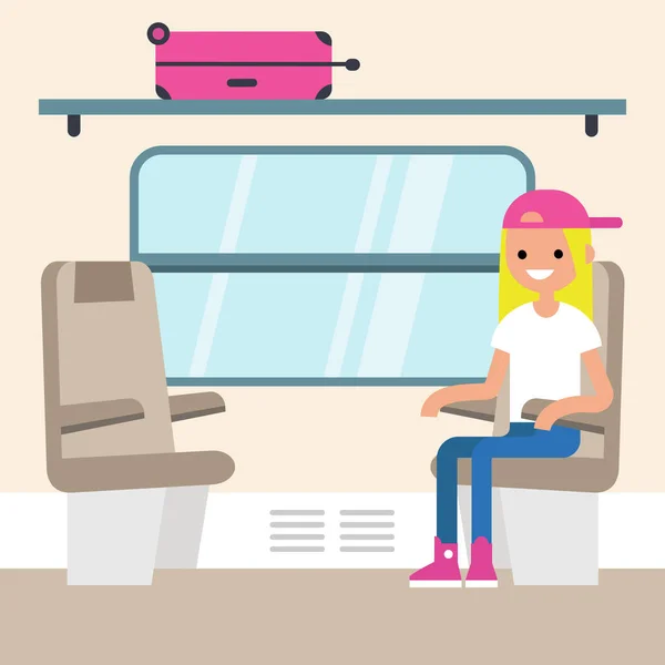 Jovem passageiro sentado no compartimento do comboio / apartamento editável —  Vetores de Stock