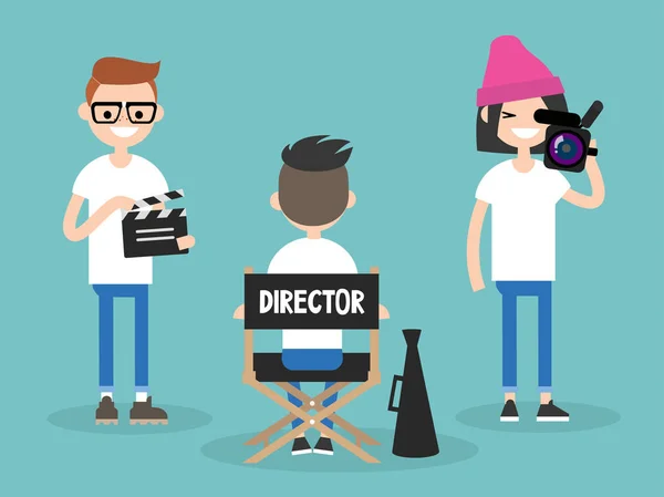 Camera crew: director, cameraman and assistant working on the se — Stock Vector