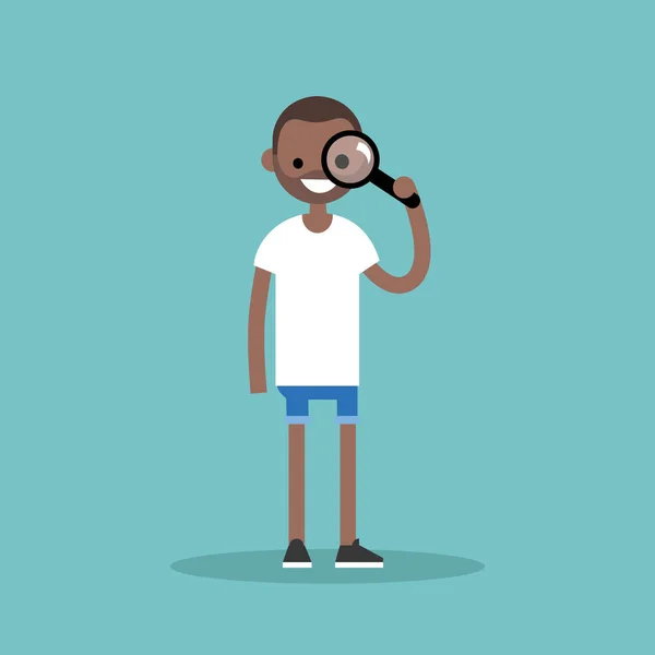 Young black man looking through the magnifying glass / flat edit — Stock Vector